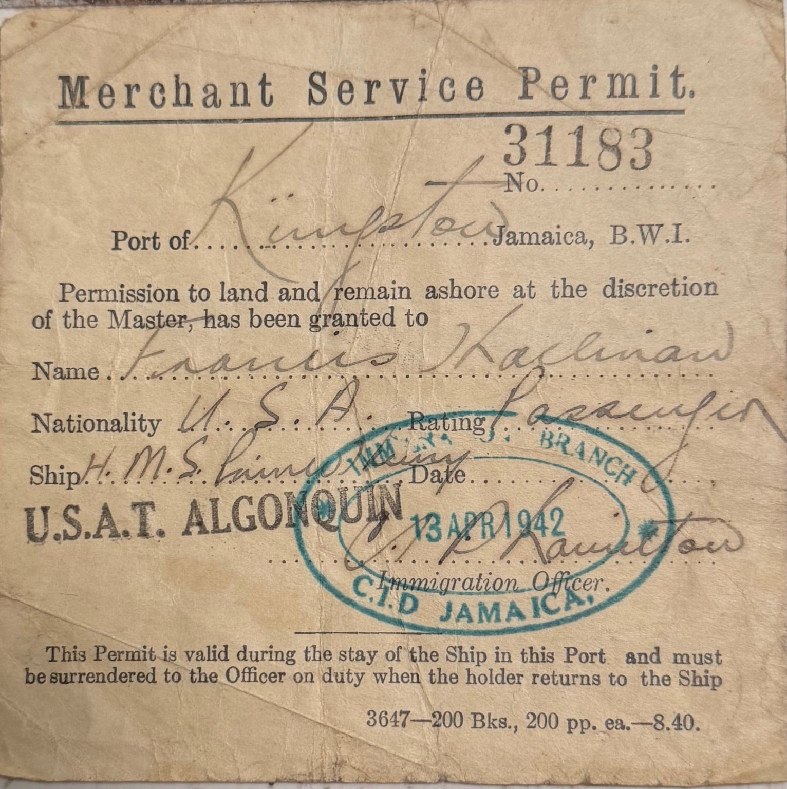 Merchant Service Permit issued at Kingston, Jamaica, 13 April 1942
