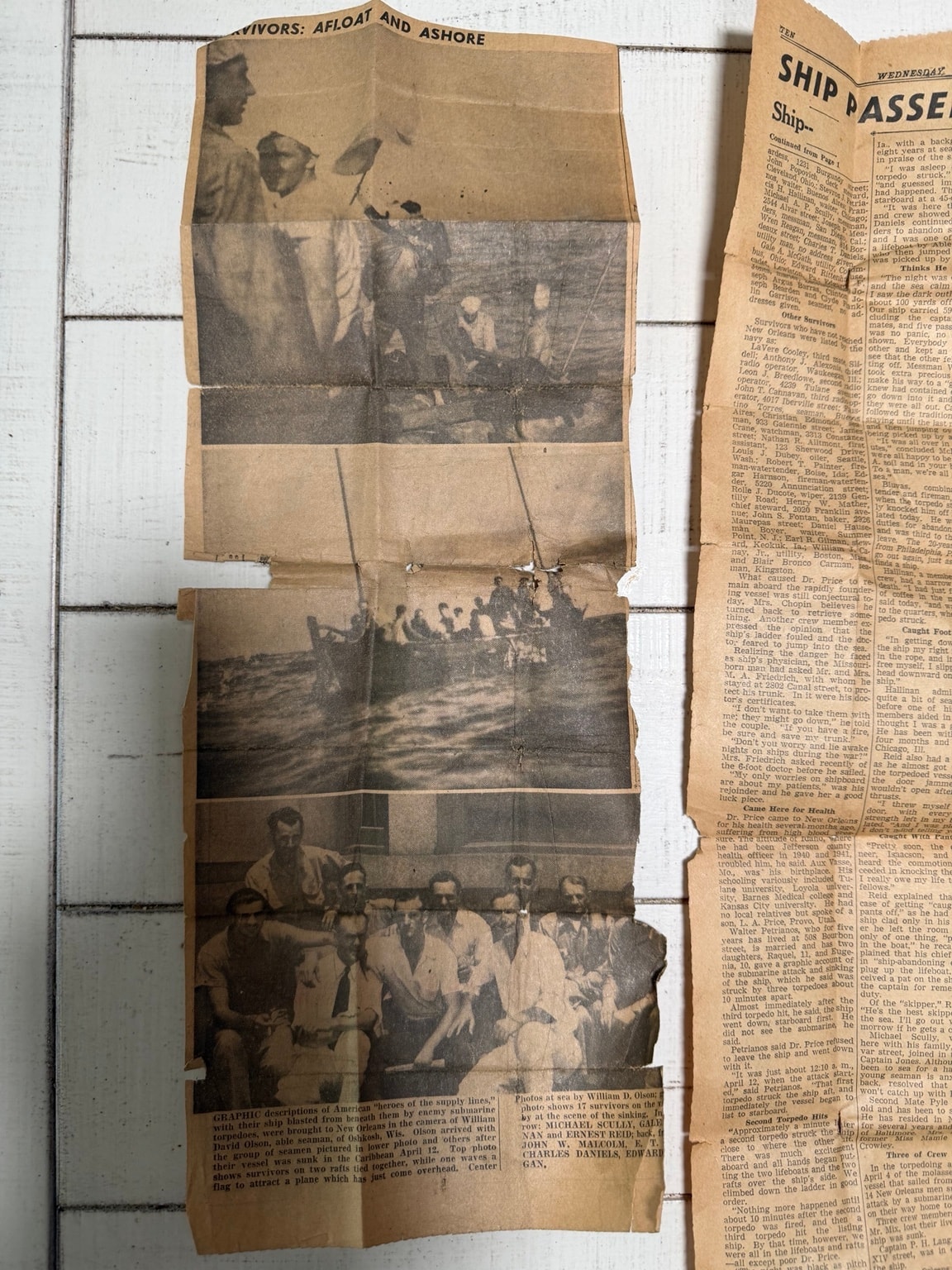 Newspaper photographs of survivors from the sinking of the SS Delvalle, published in the New Orleans States, 22 April 1942